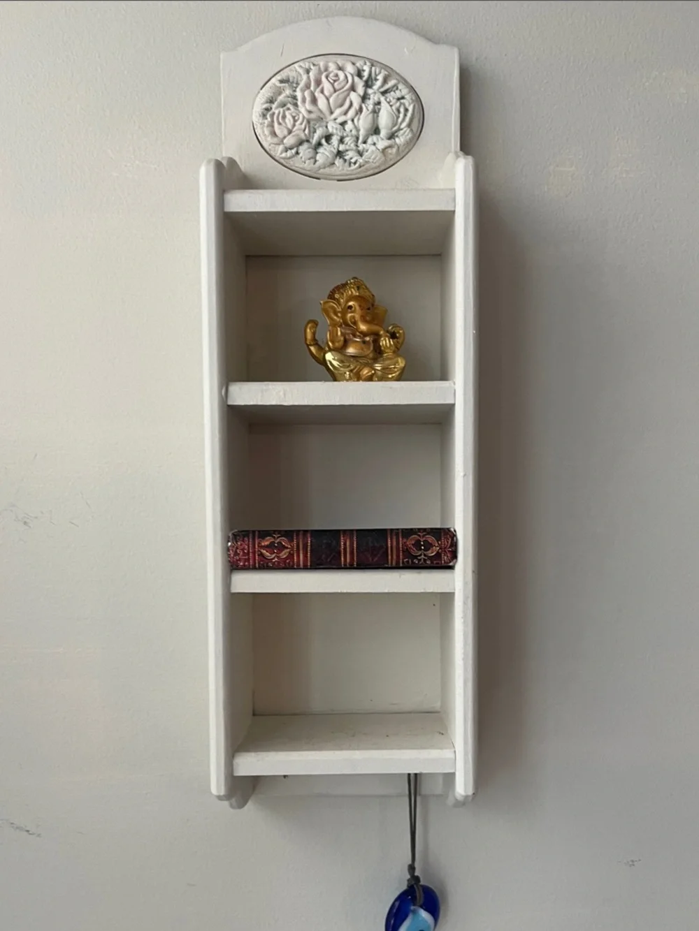 Off White / cream painted decorative Wood Wall Shelf w hooks -